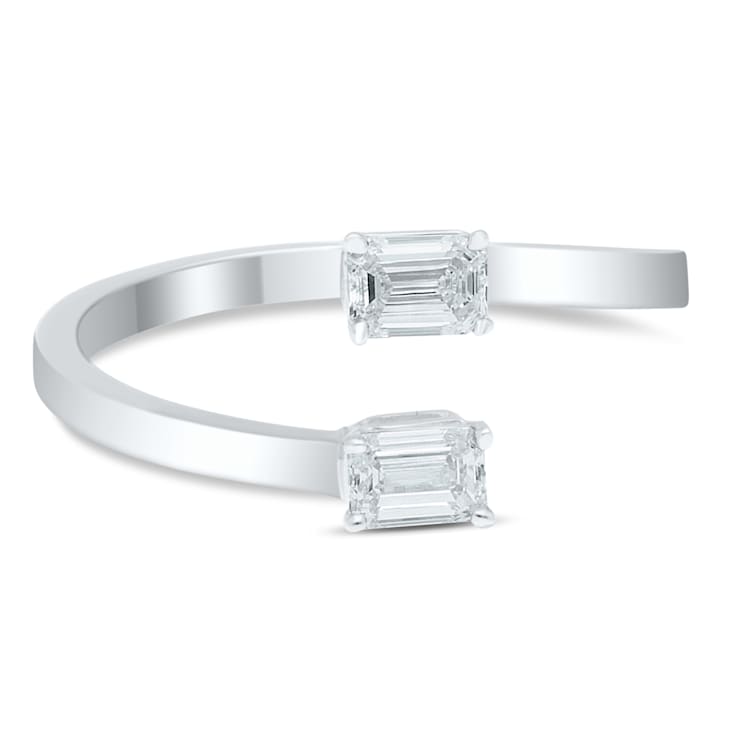 0.50 Ct Two Stone Emerald Cut Sideways Bypass Ring in 14K White Gold.