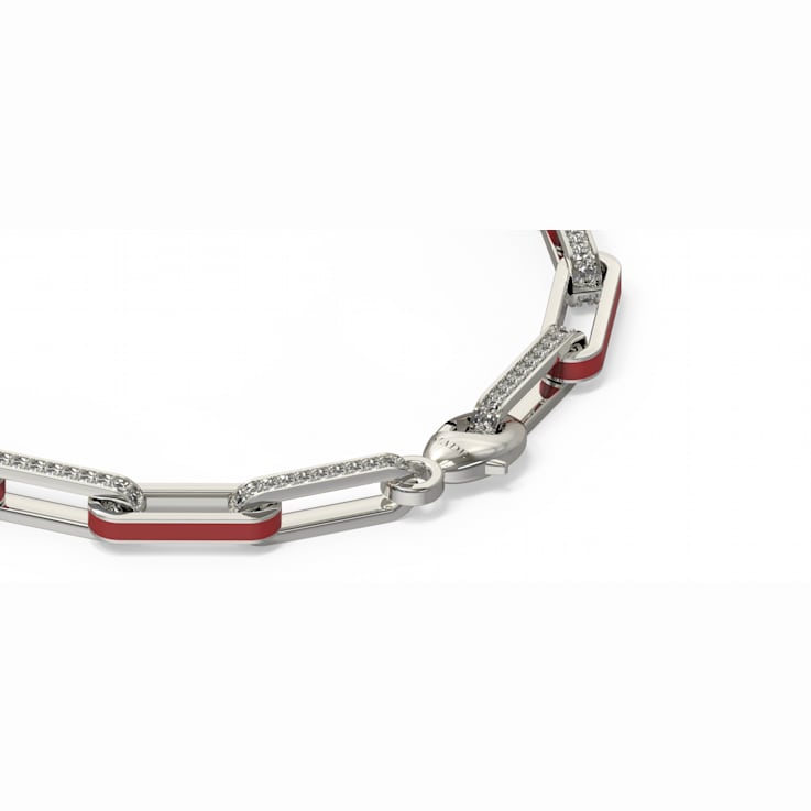 Red Enamel Paperclip Bracelet In Sterling Silver 1.6ctw