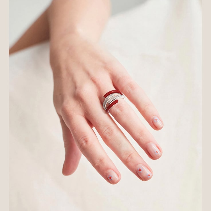 Red Enamel and Lab Diamond Wrap Ring In Sterling Silver