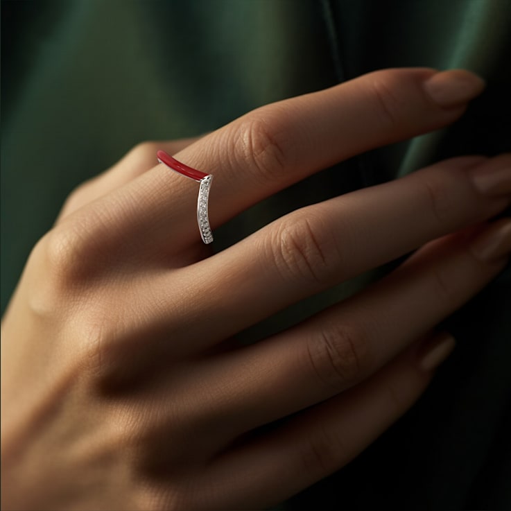 Red Enamel Chevron Lab Diamond Ring In Sterling Silver