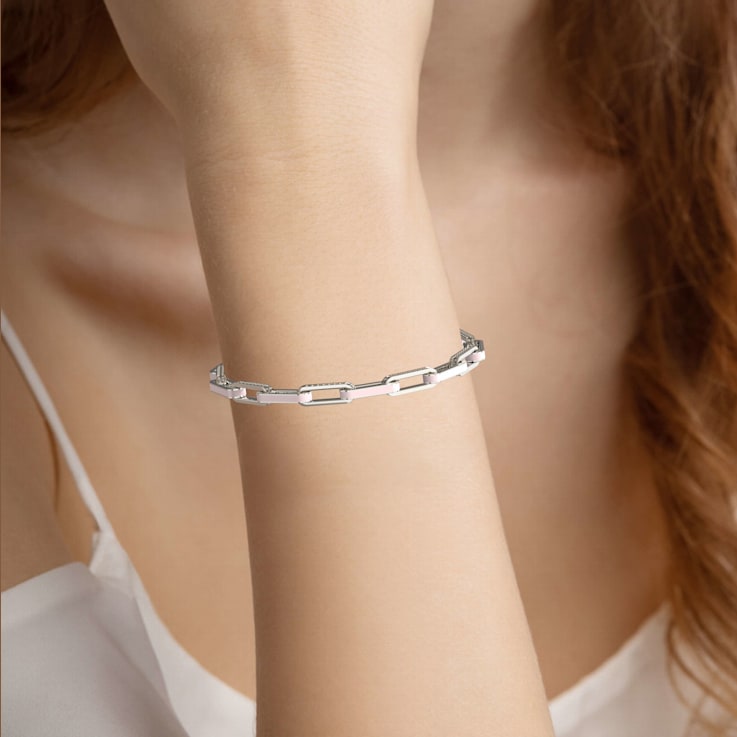 Pink Enamel PaperclipBracelet In Sterling Silver 1.6ctw