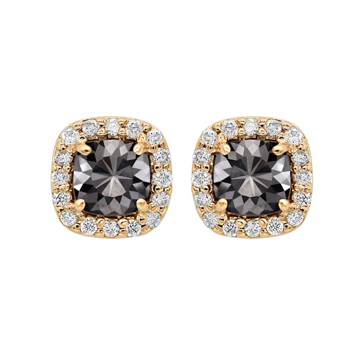 Cushion Shape Black Diamond And Round White Diamond Halo Studs In 14k
Yellow Gold (2.80 Cttw)