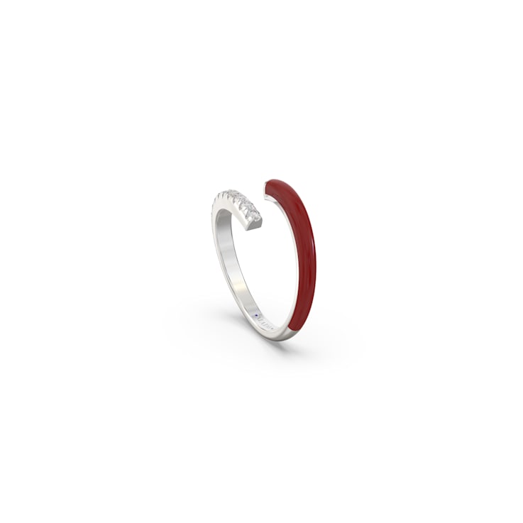 Red Enamel and Lab Diamond Open Ring In Sterling Silver