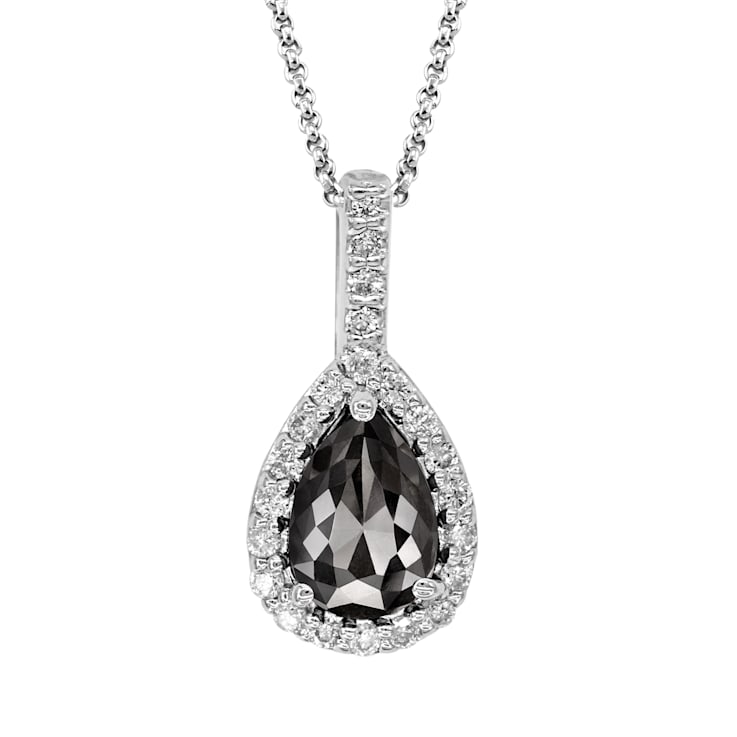 Black and White Diamond Halo Pendant Pear Drop in 14K White Gold With
Chain (1.25 Cttw)