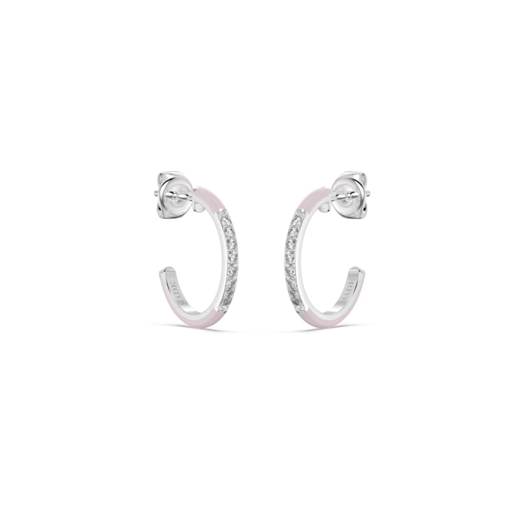 Pink Enamel and Lab Grown Diamonds Hoop Earrings In Sterling Silver