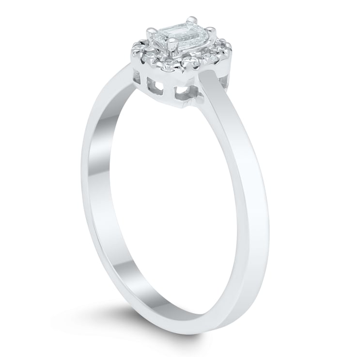 0.25Ct Petite halo Emerald cut ring with Round side stones Lab Grown
Diamond in 14K gold