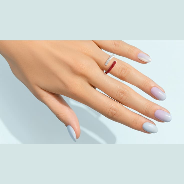 Red Enamel and Lab Diamond Open Ring In Sterling Silver