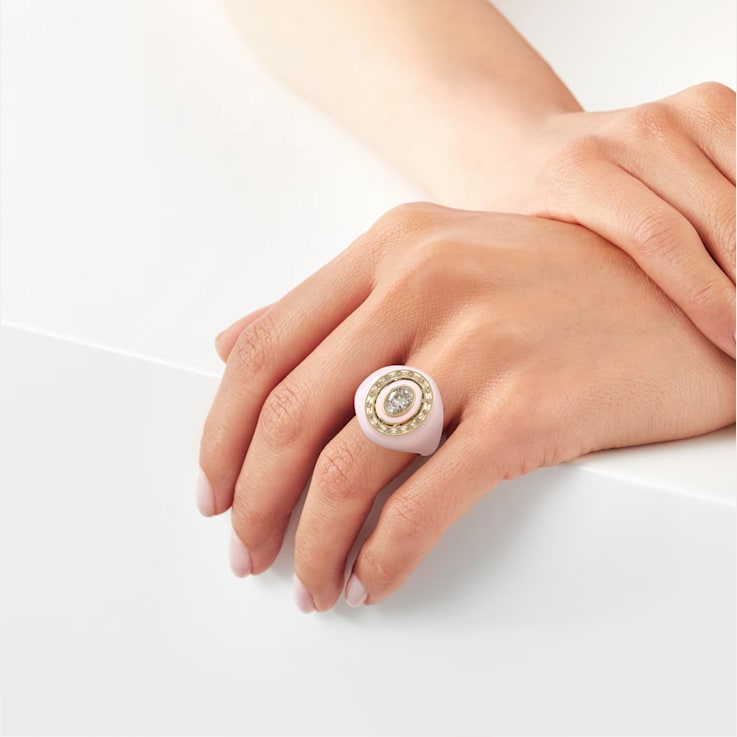Pink Enamel and Lab Diamond Signet Ring In Sterling Silver