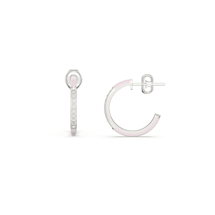 Pink Enamel and Lab Grown Diamonds Hoop Earrings In Sterling Silver