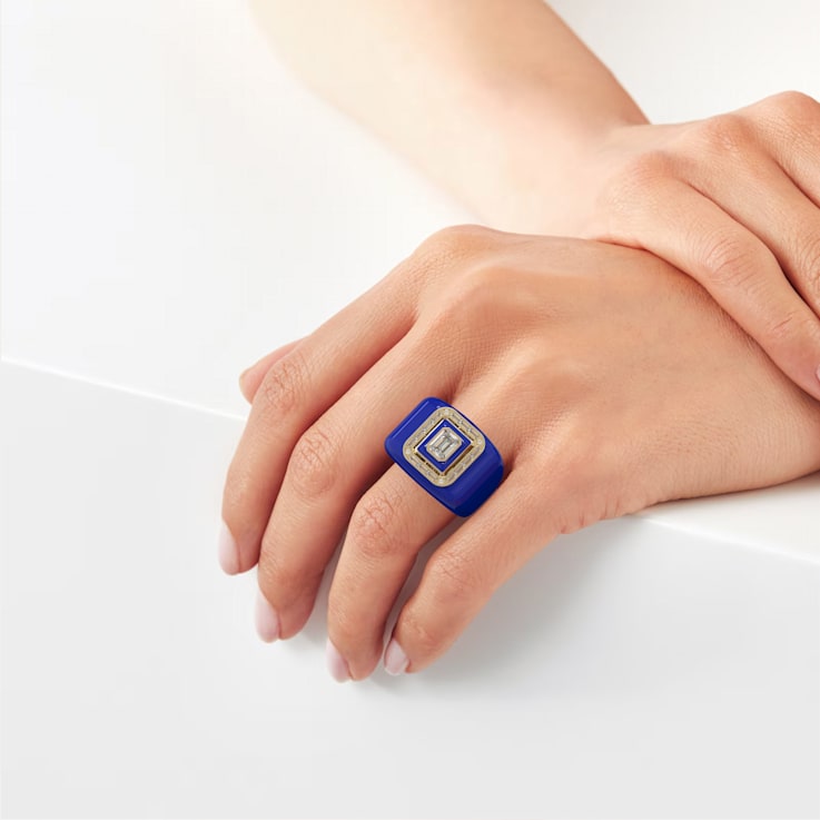 Blue Enamel and Lab Diamond Signet Ring In Sterling Silver
