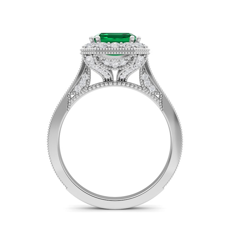 Emerald and White Lab Grown Diamond 14K White Gold Ring.