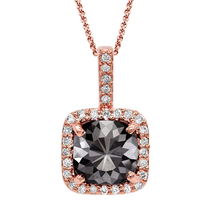 Black Diamond Round White Diamond Halo Pendant With Chain In 14k Rose
Gold 2.38ctw Cushion Shape