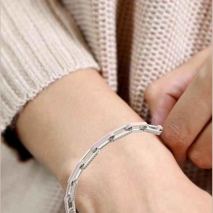 Pink Enamel PaperclipBracelet In Sterling Silver 1.6ctw