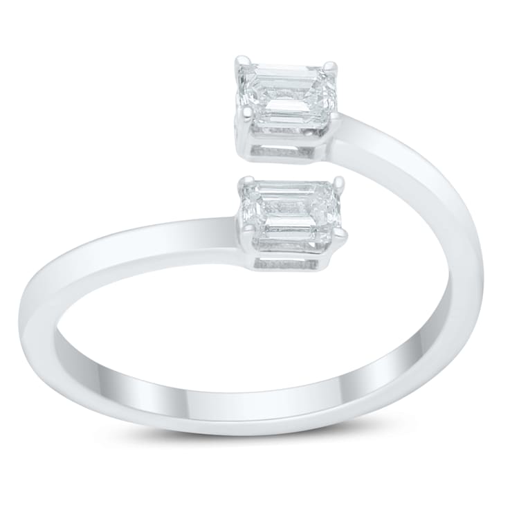 0.90 Ct Two Stone Emerald Cut Sideways Bypass Ring in 14K White Gold.