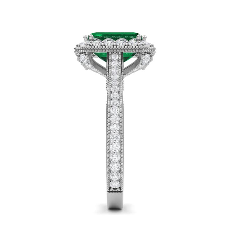 Emerald and White Lab Grown Diamond 14K White Gold Ring.