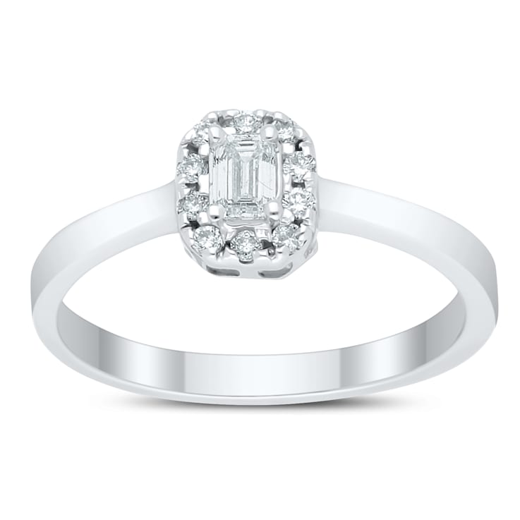 0.25Ct Petite halo Emerald cut ring with Round side stones Lab Grown
Diamond in 14K gold