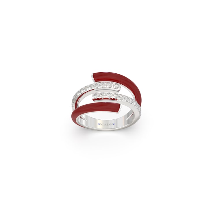Red Enamel and Lab Diamond Wrap Ring In Sterling Silver