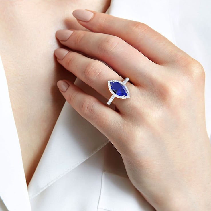 Marquise Blue Sapphire and White Lab Grown Diamond 14K White Gold Ring.
