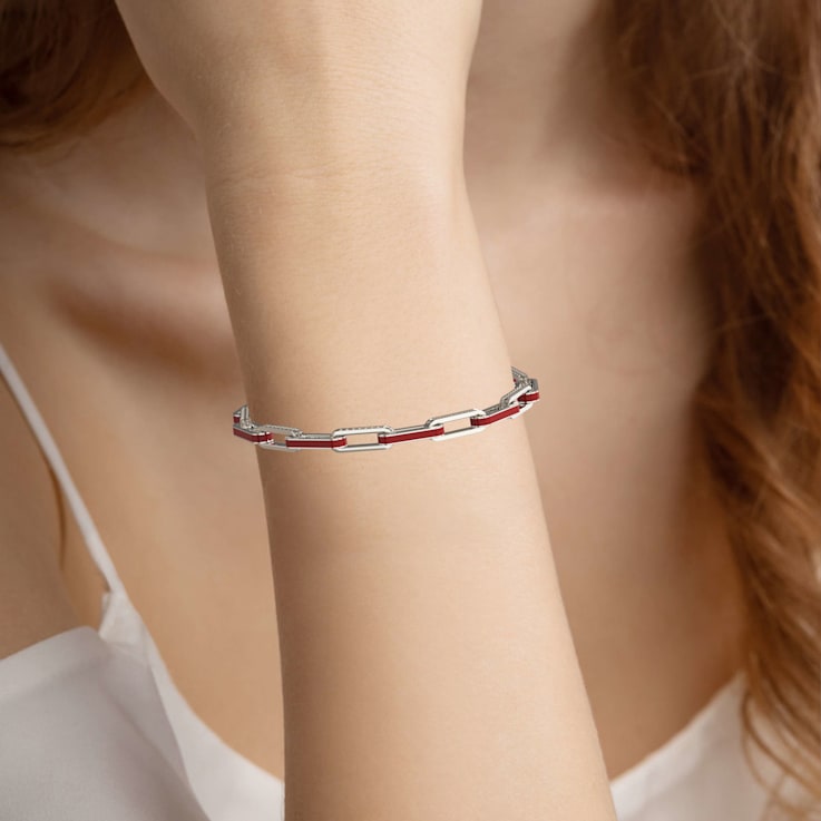 Red Enamel Paperclip Bracelet In Sterling Silver 1.6ctw