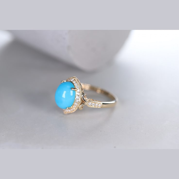 Gin and Grace 14K Yellow Gold Natural Turquoise Ring with Real Diamonds