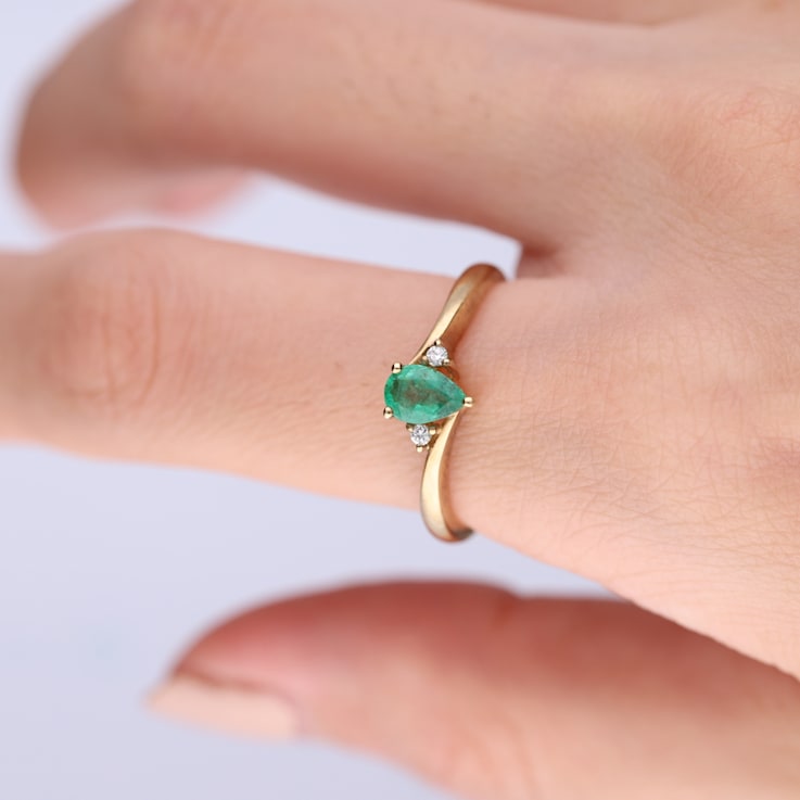 Gin and Grace 10K Yellow Gold Natural Zambian Emerald Ring with Natural Diamonds