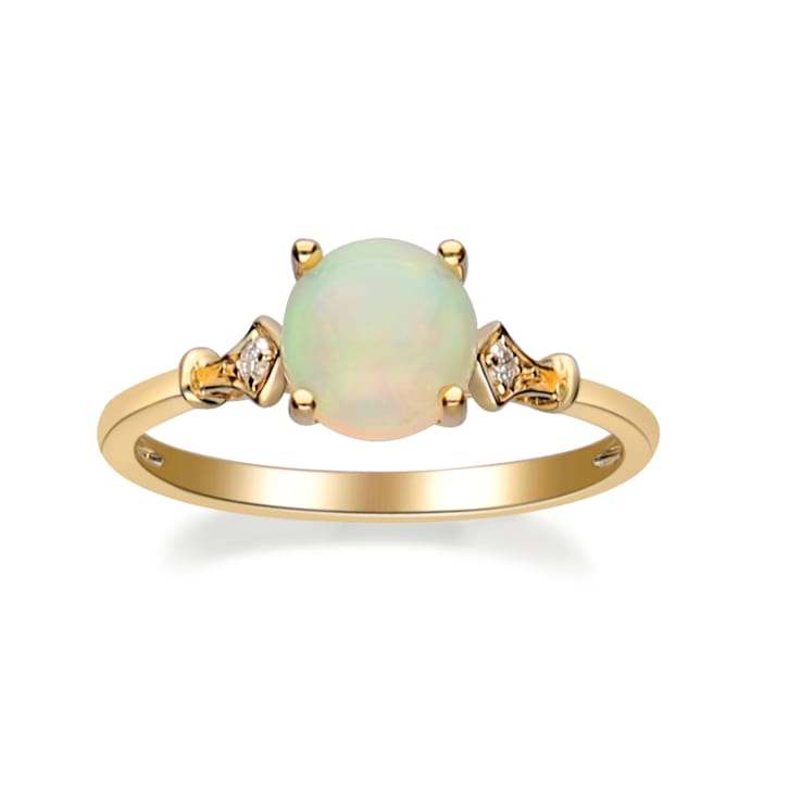 Gin & Grace 14K Yellow Gold White Ethiopian Opal with Diamond (I1) Ring
