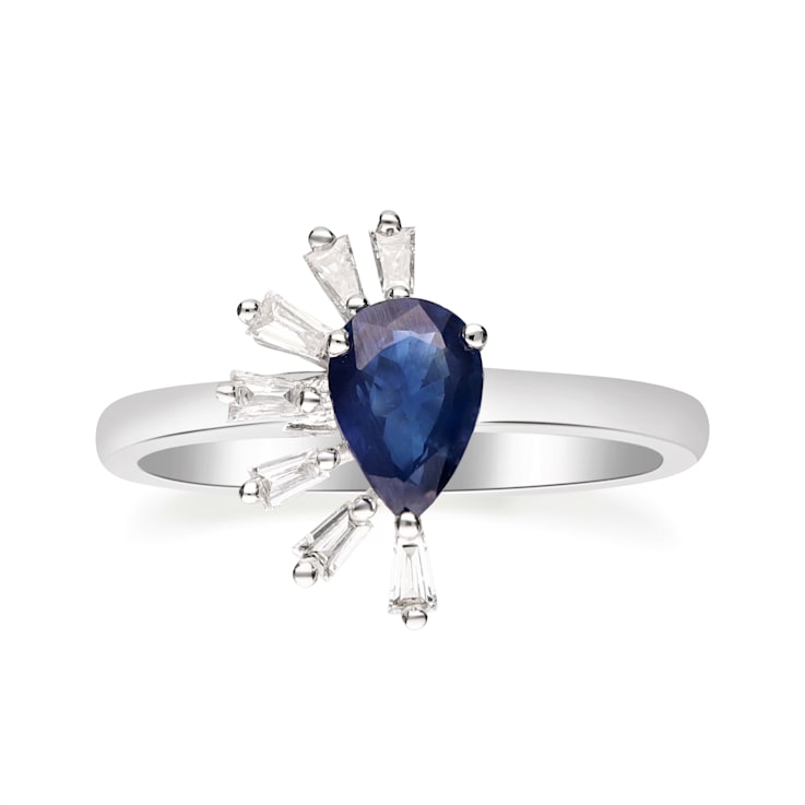 Gin & Grace 14K White Gold Real Diamond Ring (I1) with Blue Sapphire