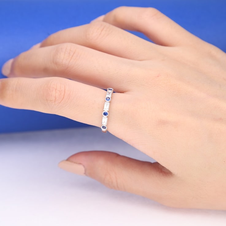 Gin & Grace 18K White Gold Real Diamond Ring (I1) with Natural Blue Sapphire