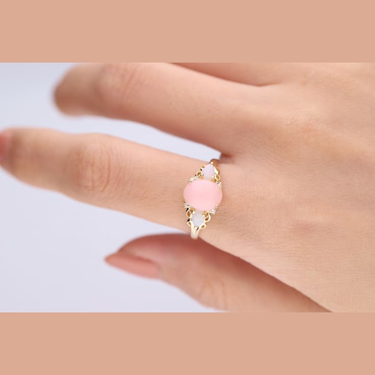 Gin & Grace 10K Yellow Gold Real Diamond Ring (I1) with Natural Pink Opal