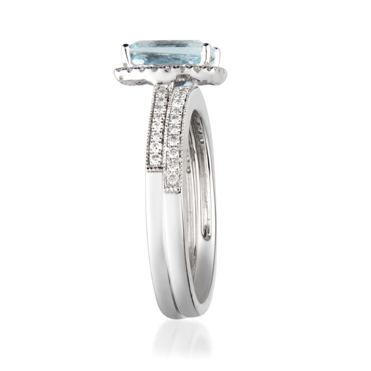 Gin & Grace 14K White Gold Blue Aquamarine Ring with Diamond