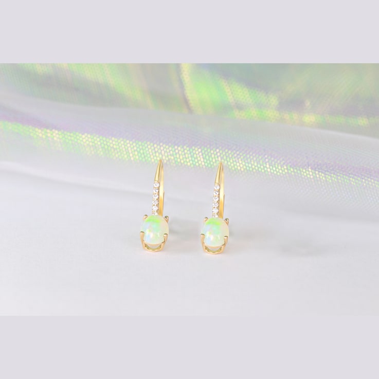 Gin & Grace 14K Yellow Gold Real Diamond(I1) LeverBack Drop Earring
with Natural Australian Opal