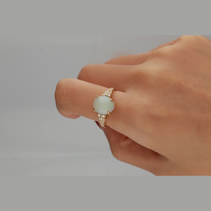 Gin & Grace 10K Yellow Gold Real Diamond Ring (I1) with Natural Opal