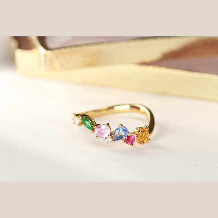 Gin & Grace 18K Yellow Gold Real Diamond Ring (I1) with Natural
Emerald & Multi Sapphire