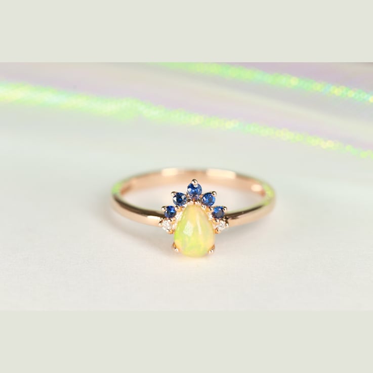 Gin & Grace 14K Yellow Gold Real Diamond Ring (I1) with Natural Opal
& Blue Sapphire