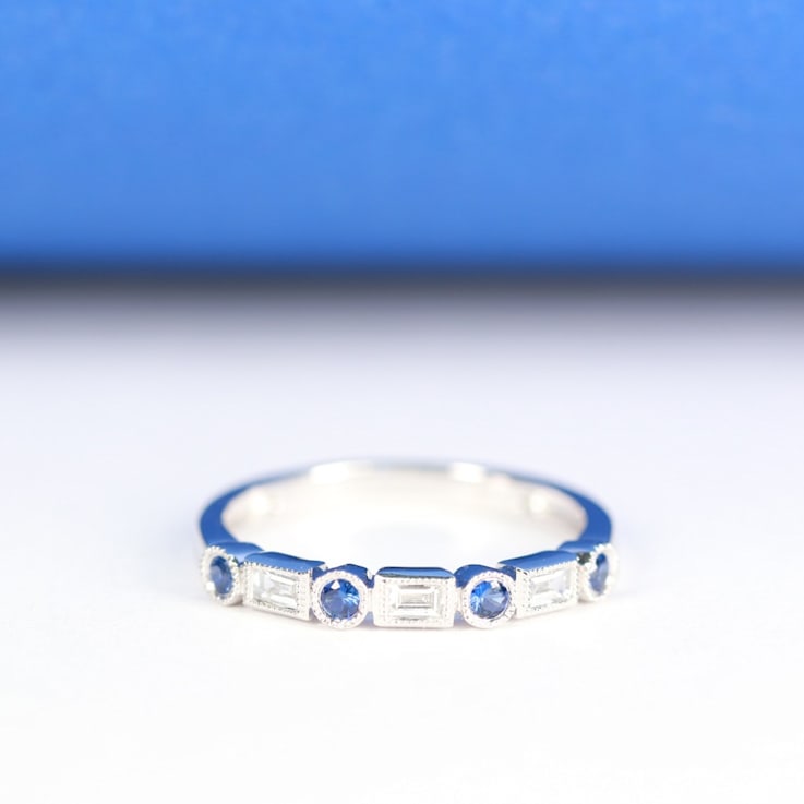 Gin & Grace 18K White Gold Real Diamond Ring (I1) with Natural Blue Sapphire