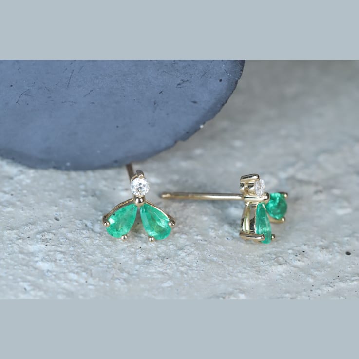 Gin and Grace10K Yellow Gold Natural Zambian Emerald Earrings with Real Diamonds