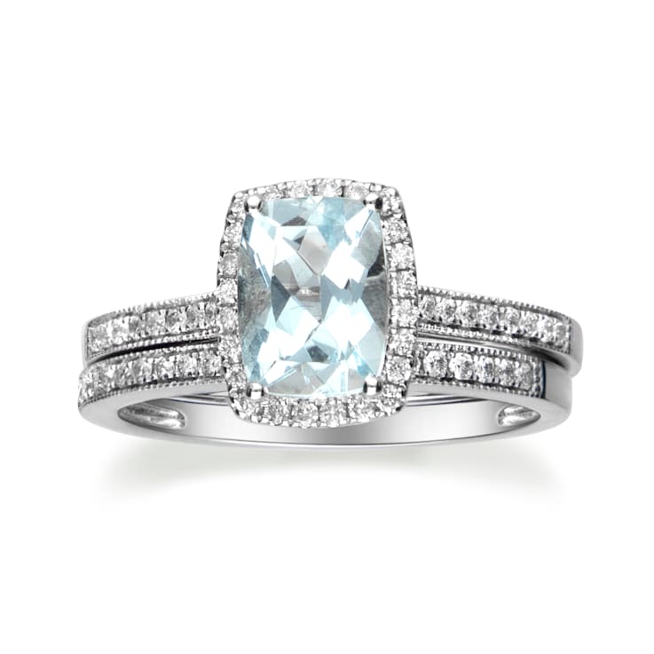 Gin & Grace 14K White Gold Blue Aquamarine Ring with Diamond