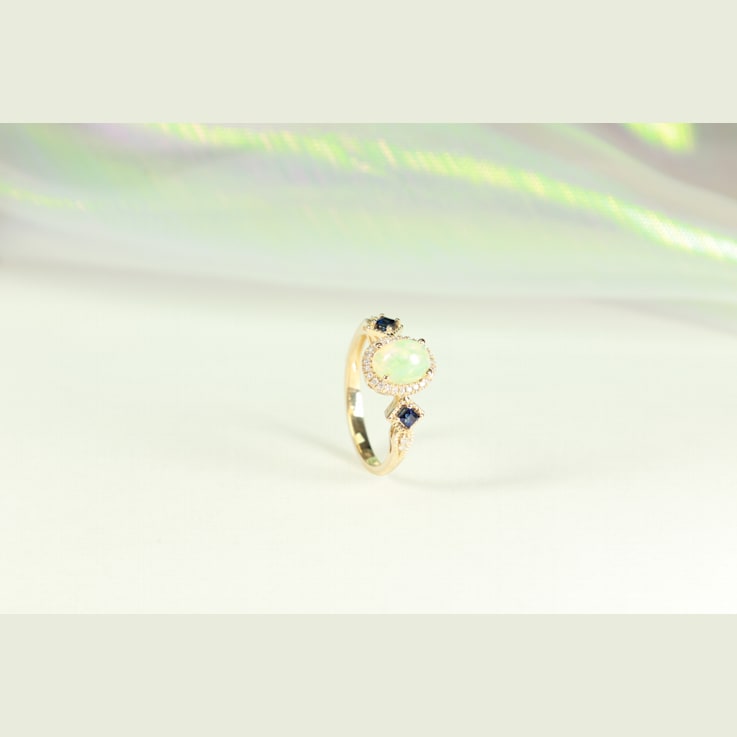 Gin & Grace 14K Yellow Gold Natural Australian Opal, Blue Sapphire
with Real Diamond Ring