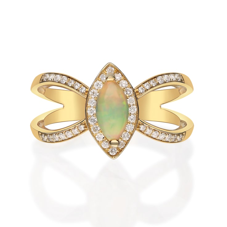 Gin & Grace 10K Yellow Gold Real Diamond Ring (I1) with Natural Opal