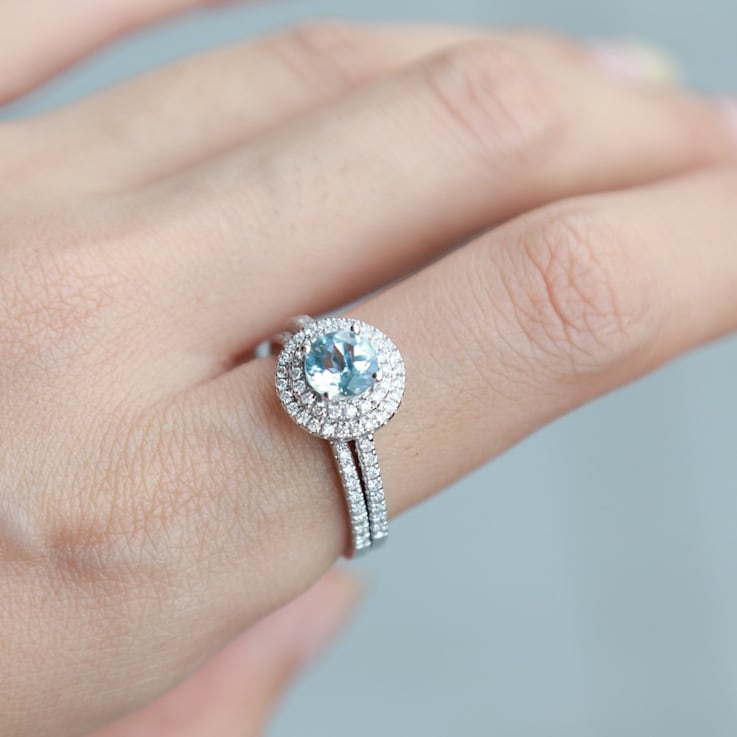 Gin & Grace 14K White Gold Aquamarine Halo Ring with Diamond