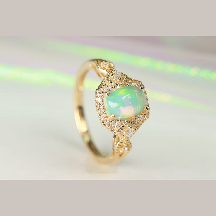 Gin & Grace 14K Yellow Gold Real Diamond Ring (I1) with Natural Opal