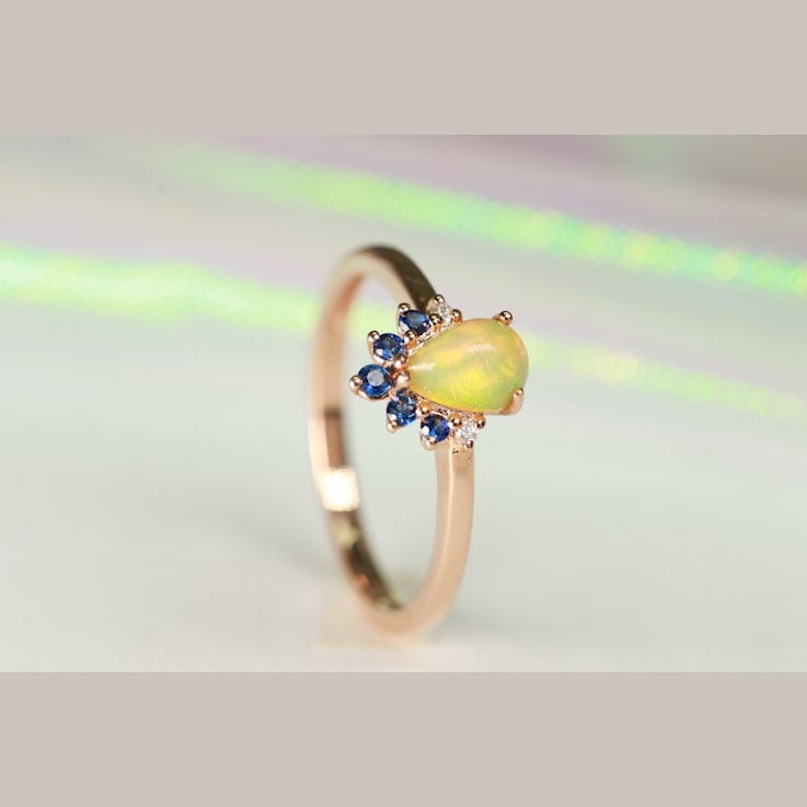 Gin & Grace 14K Yellow Gold Real Diamond Ring (I1) with Natural Opal
& Blue Sapphire