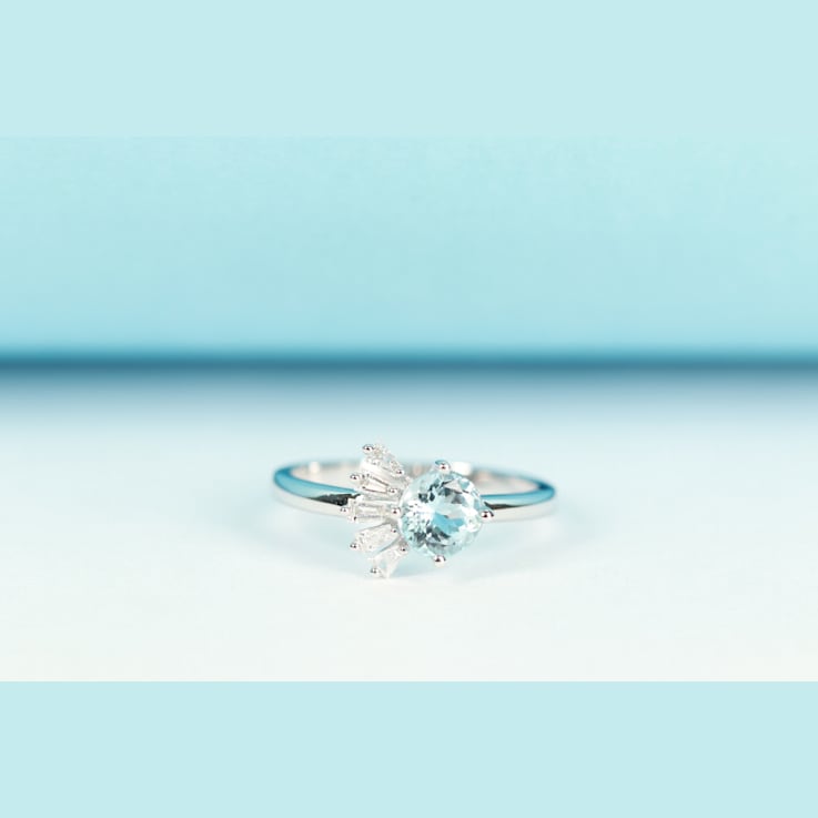 Gin & Grace 18K White Gold Aquamarine Ring with Diamond
