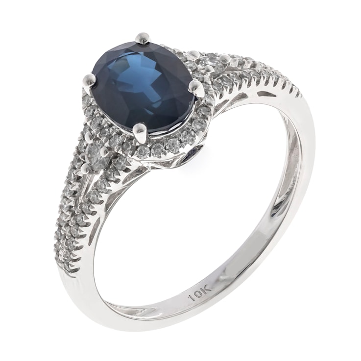 Gin and Grace 10K White Gold Natural Blue Sapphire Ring with Real Diamonds