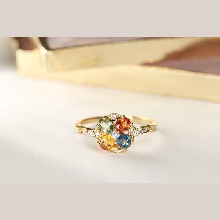 Gin & Grace 14K Yellow Gold Real Diamond Ring (I1) with Natural
Multi Sapphire