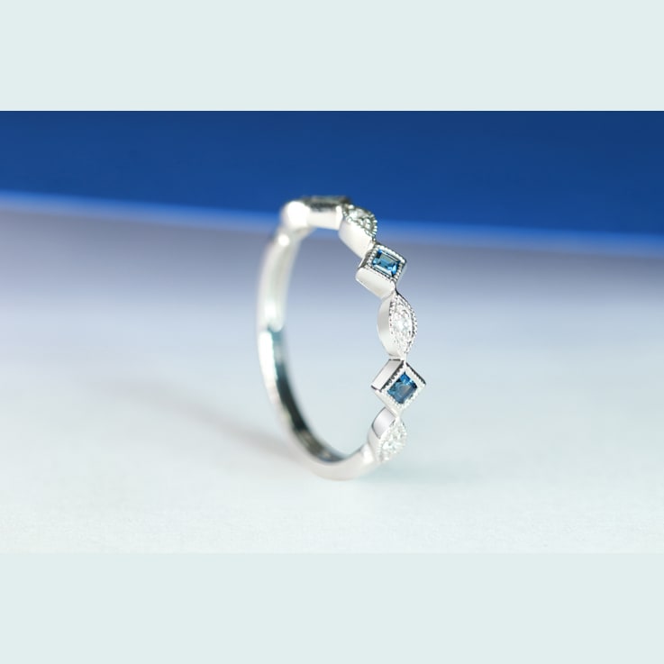 Gin & Grace 18K White Gold Real Diamond Ring (I1) with Natural Blue Sapphire