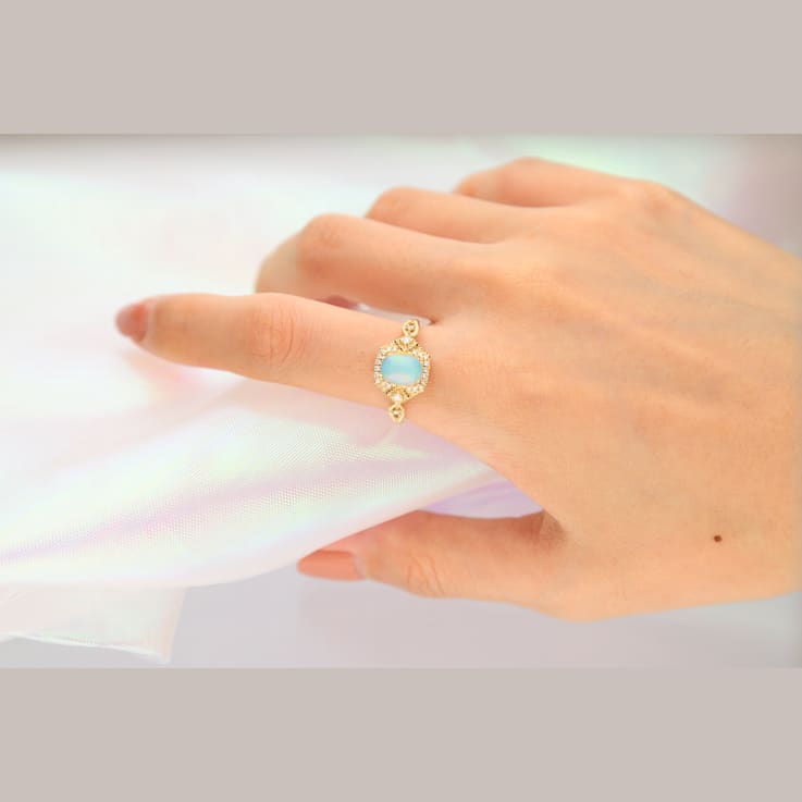 Gin & Grace 14K Yellow Gold Real Diamond Ring (I1) with Natural Opal