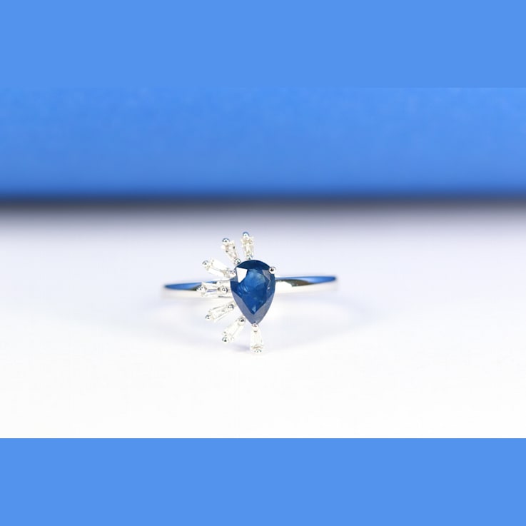 Gin & Grace 14K White Gold Real Diamond Ring (I1) with Blue Sapphire