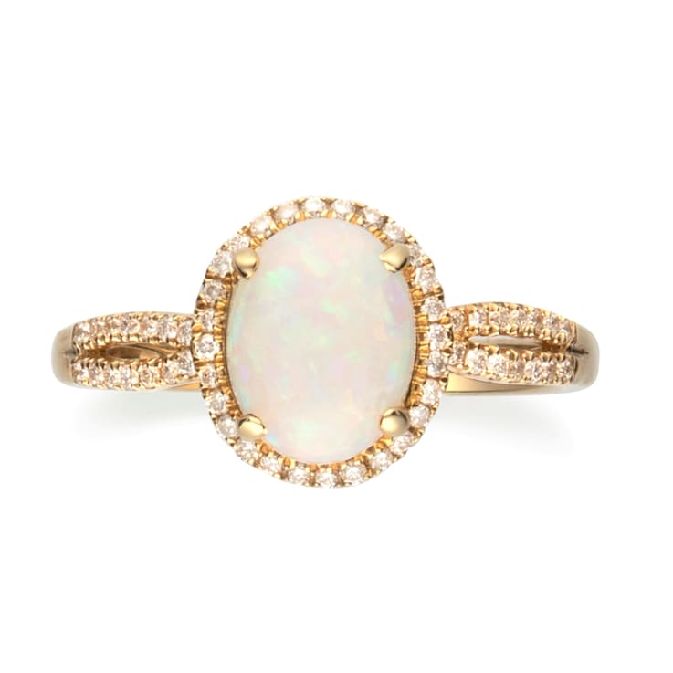 Gin & Grace 10K Yellow Gold Real Diamond Ring (I1) with Natural Opal