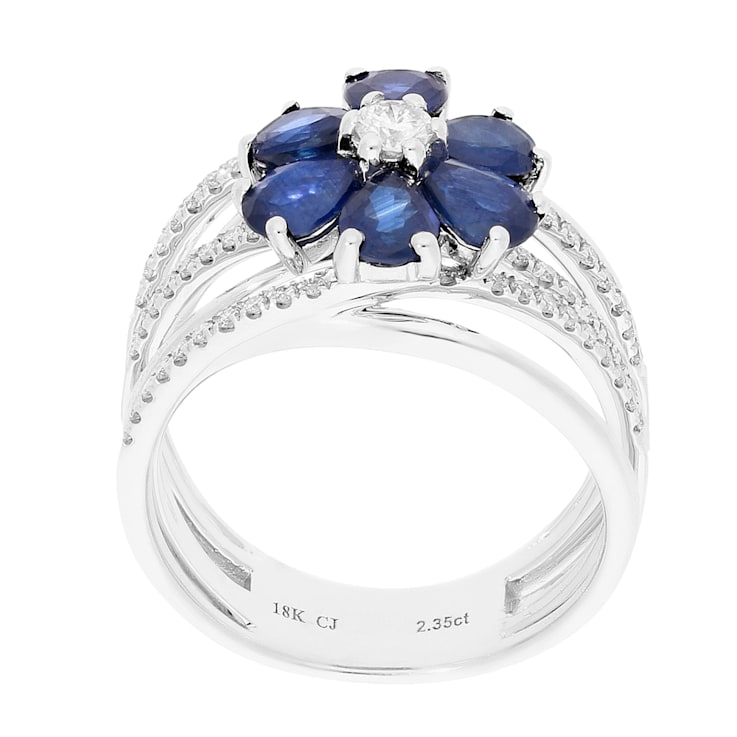 Gin & Grace 18K White Gold Real Diamond Ring (I1) with Natural Blue Sapphire